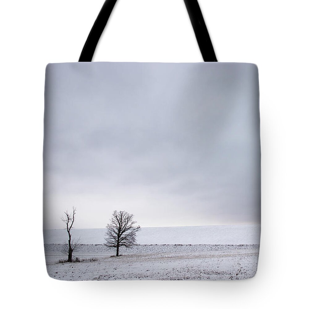 Winter Snow Trees Desolate Monochrome White Clouds Sky Dike Solitude Peace Quiet Ohio Serenity Tote Bag featuring the photograph Trees in Snow Field by Mark Berman