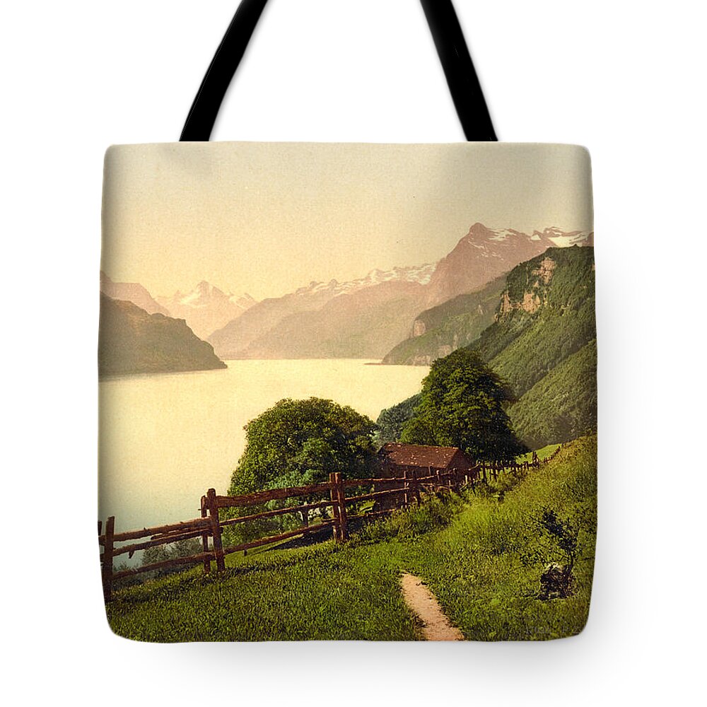 Illustration Tote Bag featuring the painting Urnersee General View Lake Lucerne Switzerland #1 by MotionAge Designs