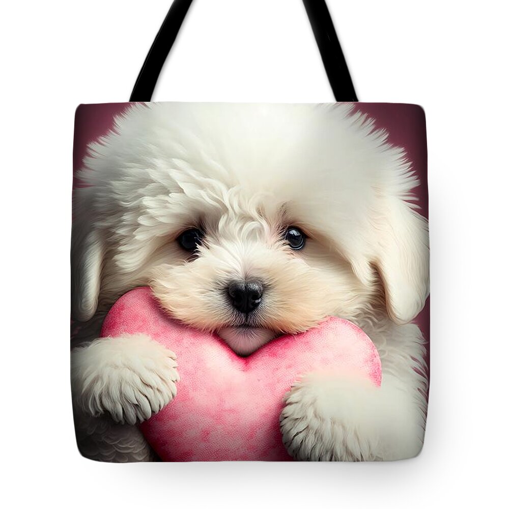 Puppy With Heart Tote Bag featuring the mixed media Valentine Puppy 2 #1 by Lilia S
