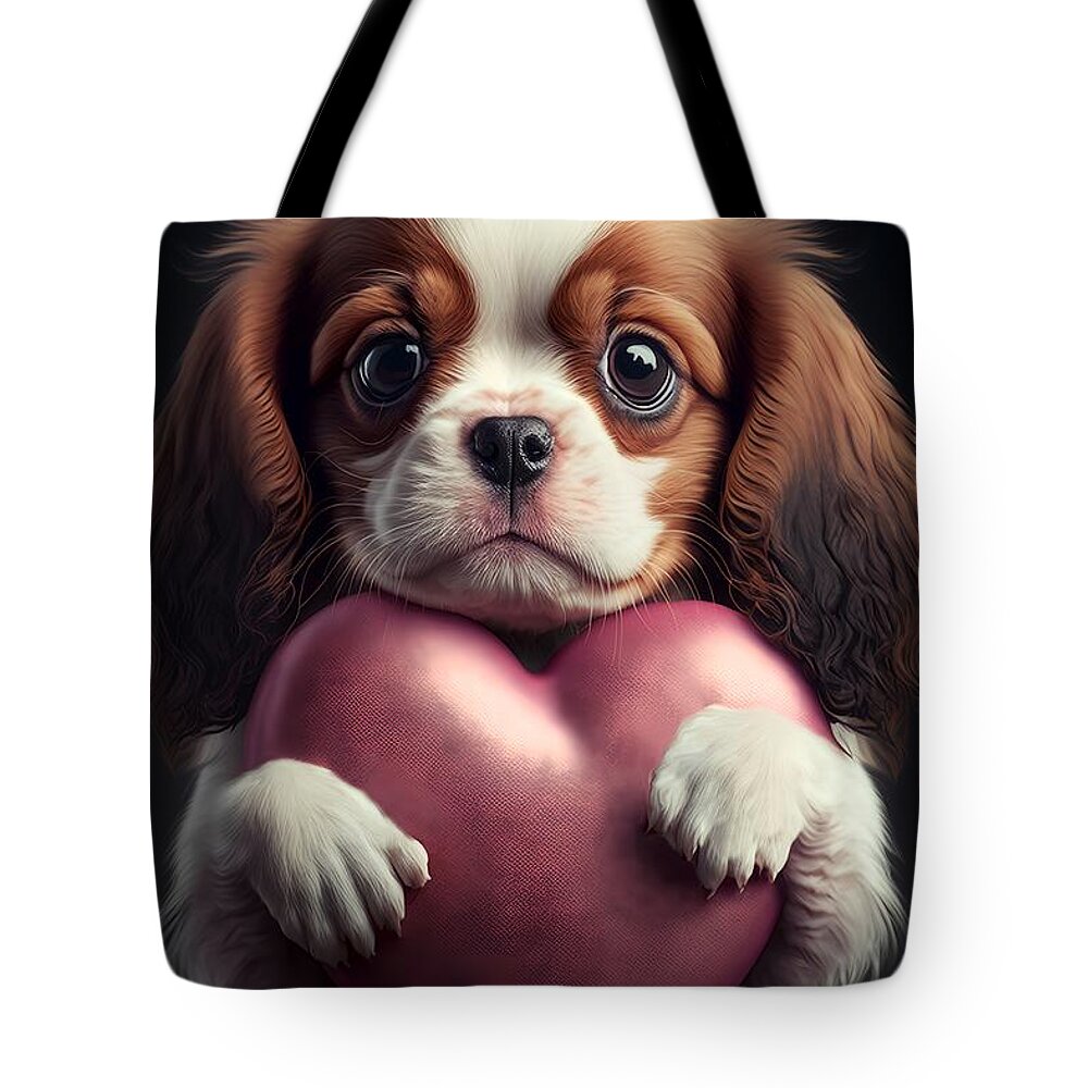Puppy With Heart Tote Bag featuring the mixed media Valentine Puppy #1 by Lilia S