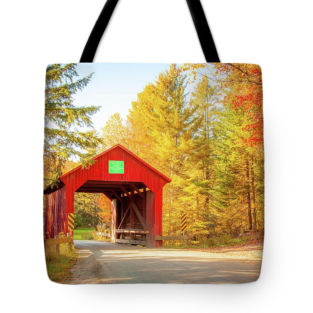 Moseley Covered Bridge Tote Bag featuring the photograph Vermonts Moseley covered bridge by Jeff Folger