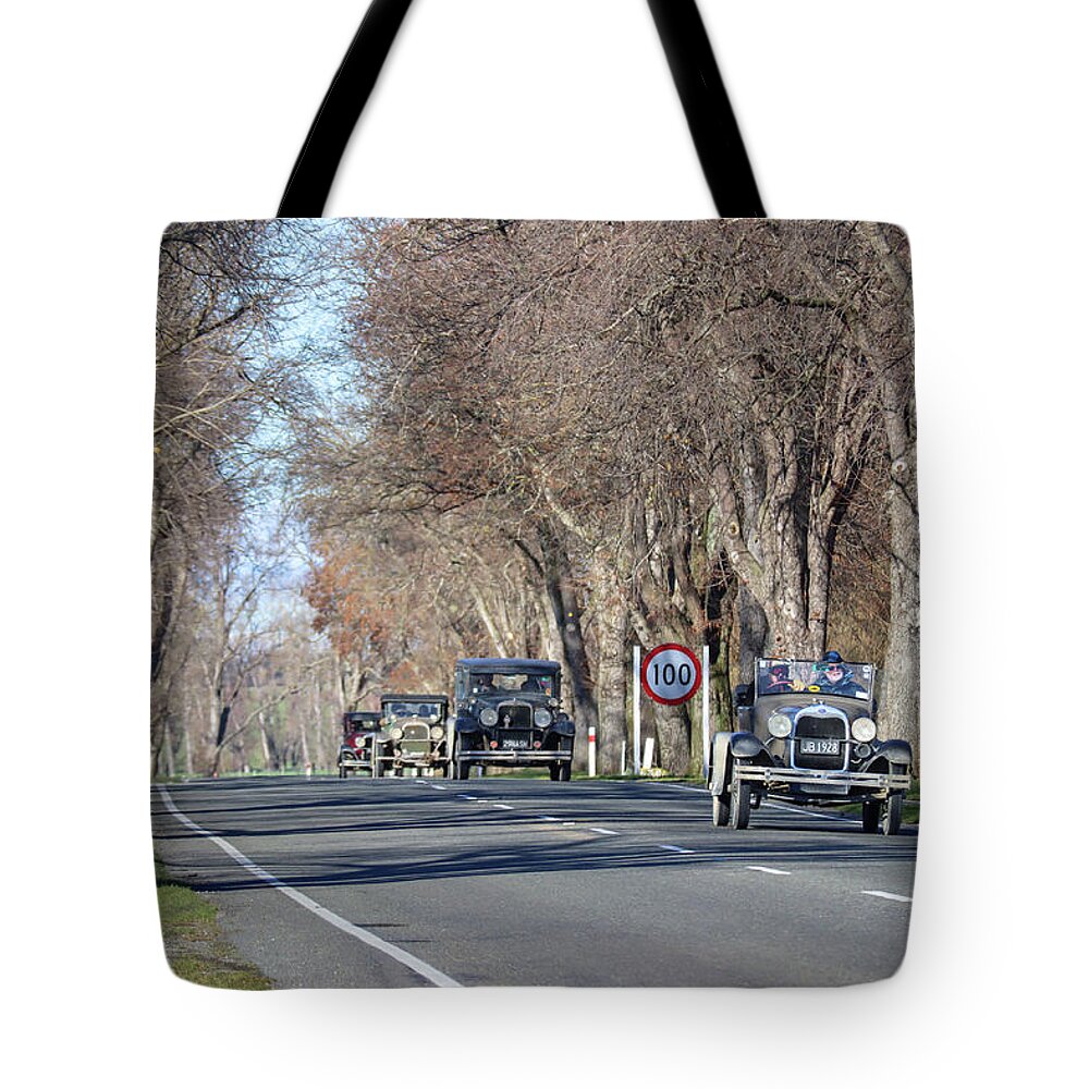 Vintage Tote Bag featuring the photograph Vintage Car Rally in South Island , New Zealand #1 by Pla Gallery