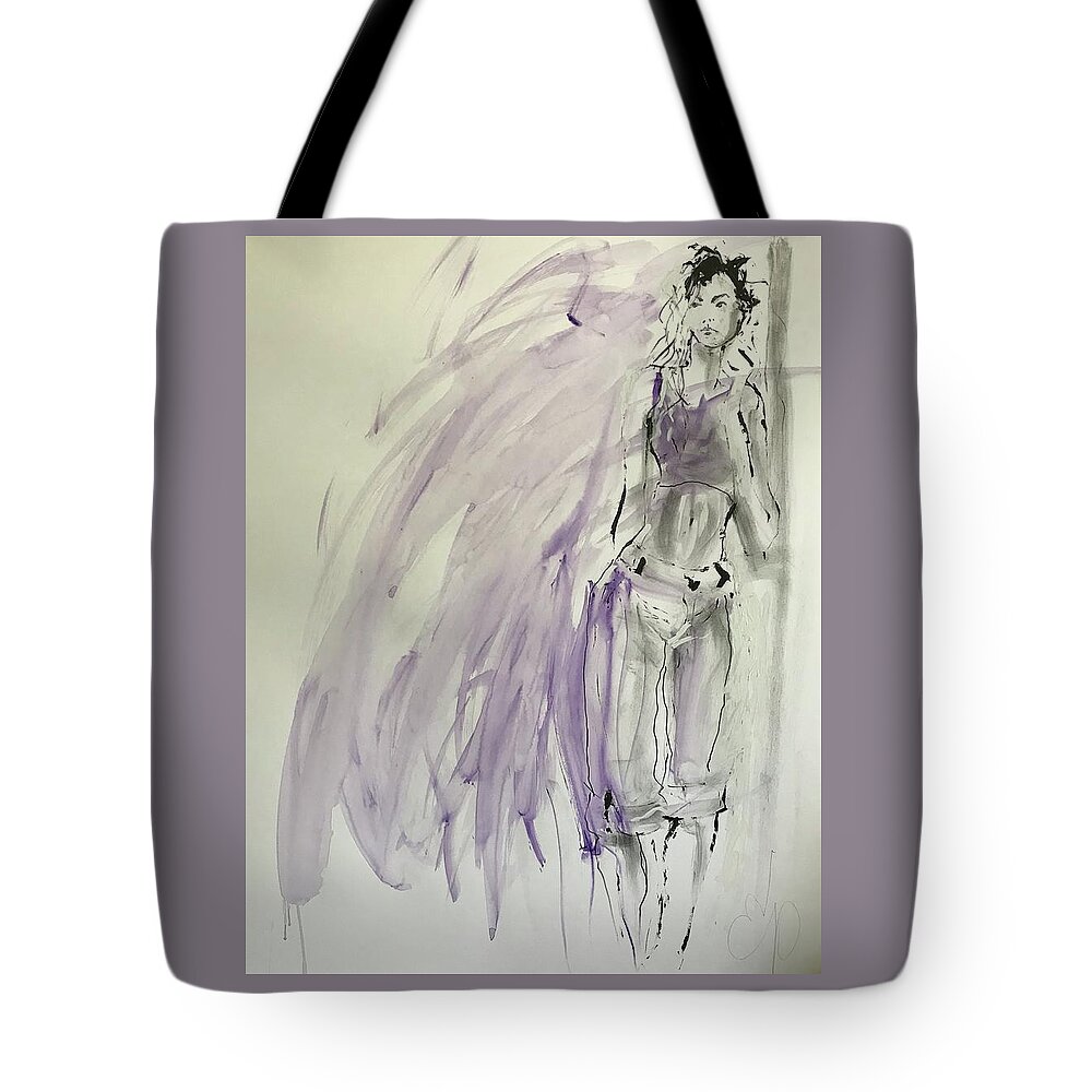 Female Tote Bag featuring the drawing Waiting #1 by Elizabeth Parashis