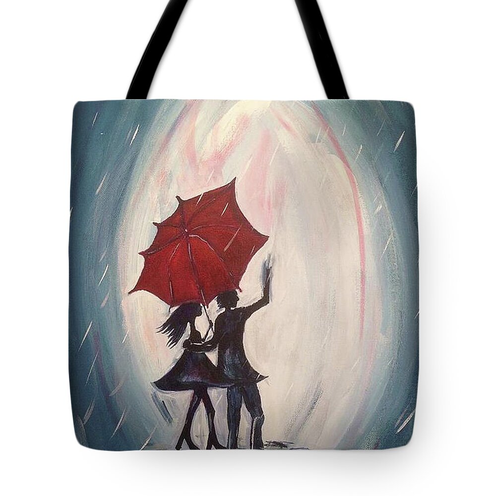 Lovers Tote Bag featuring the painting Walking in the Rain by Roxy Rich