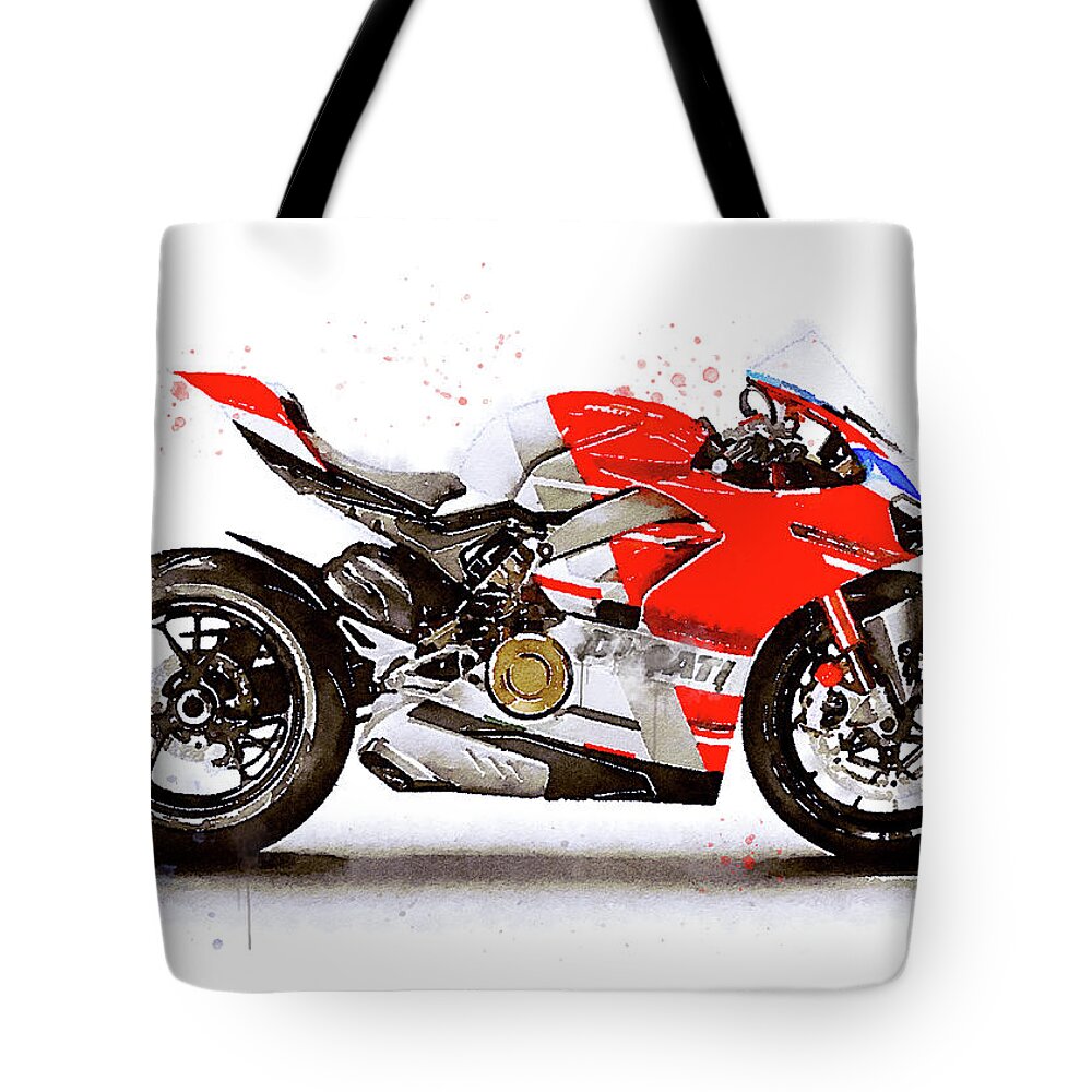 Sport Tote Bag featuring the painting Watercolor Ducati Panigale V4S motorcycle, oryginal artwork by Vart by Vart Studio