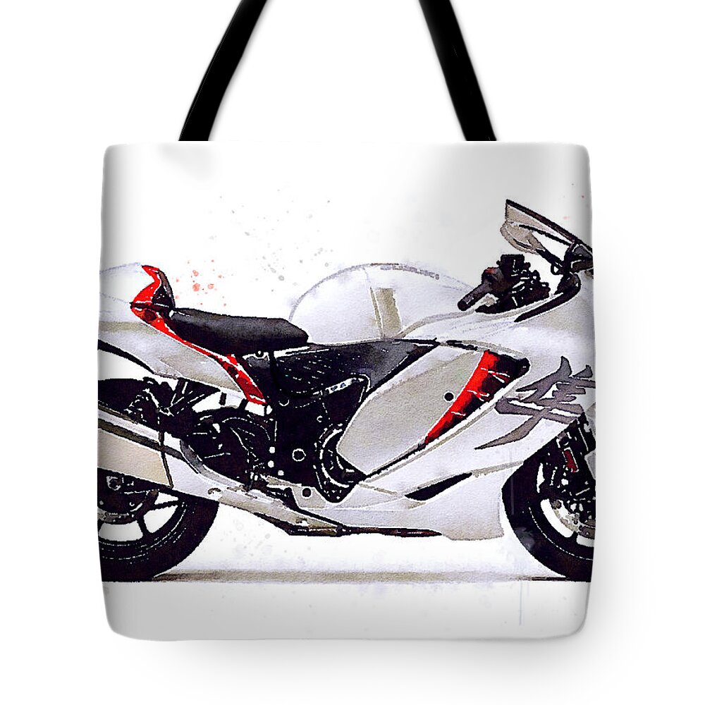 Sport Tote Bag featuring the painting Watercolor Suzuki Hayabusa GSX 1300R motorcycle - oryginal artwork by Vart. by Vart Studio