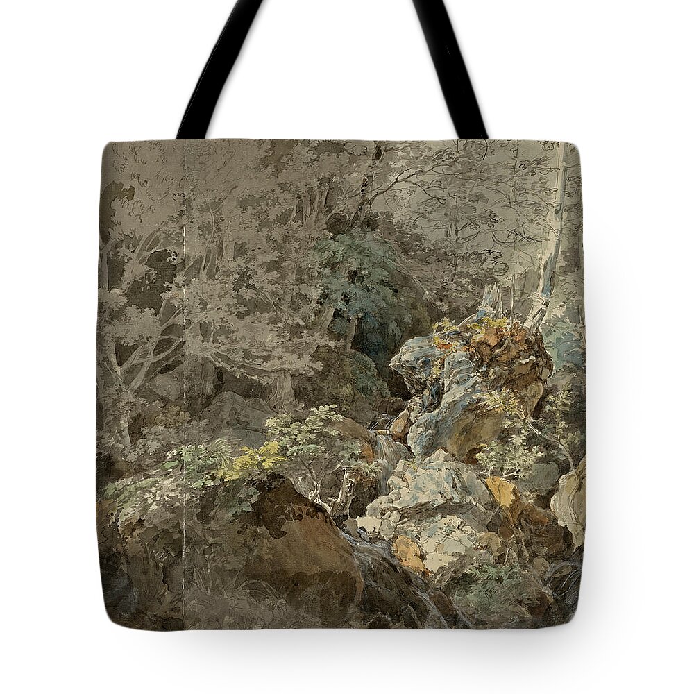 Johann Georg Von Dillis Tote Bag featuring the drawing Waterfalls in a Mountain Forest by Johann Georg von Dillis