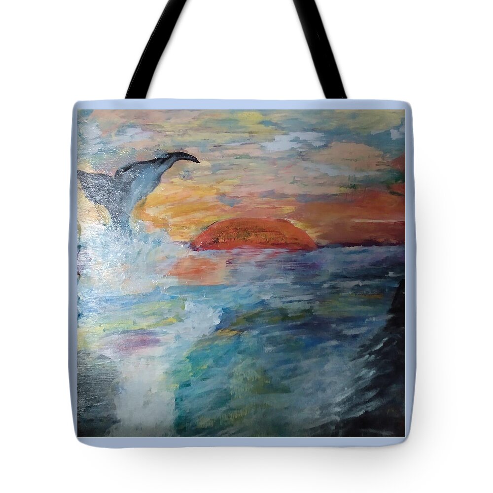 Whale Tote Bag featuring the painting Whale at Sunset by Suzanne Berthier