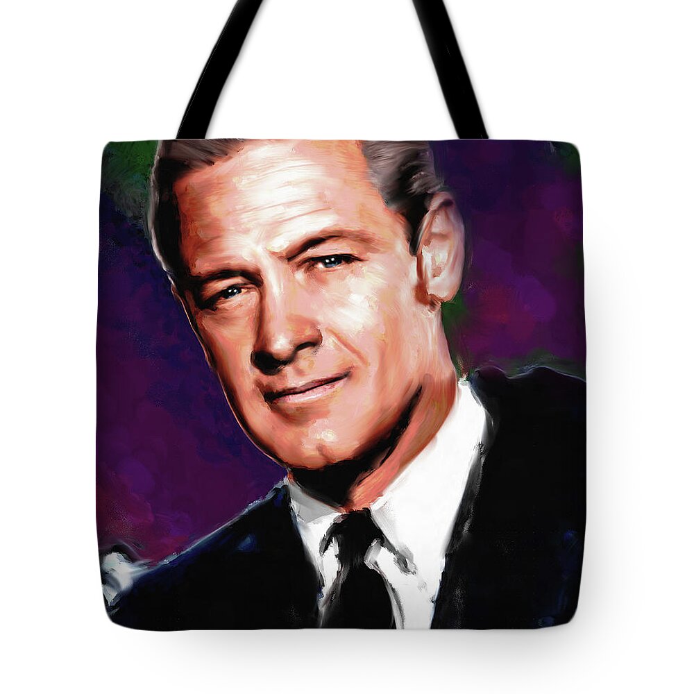 Bio Tote Bag featuring the painting William Holden - bio by Movie World Posters