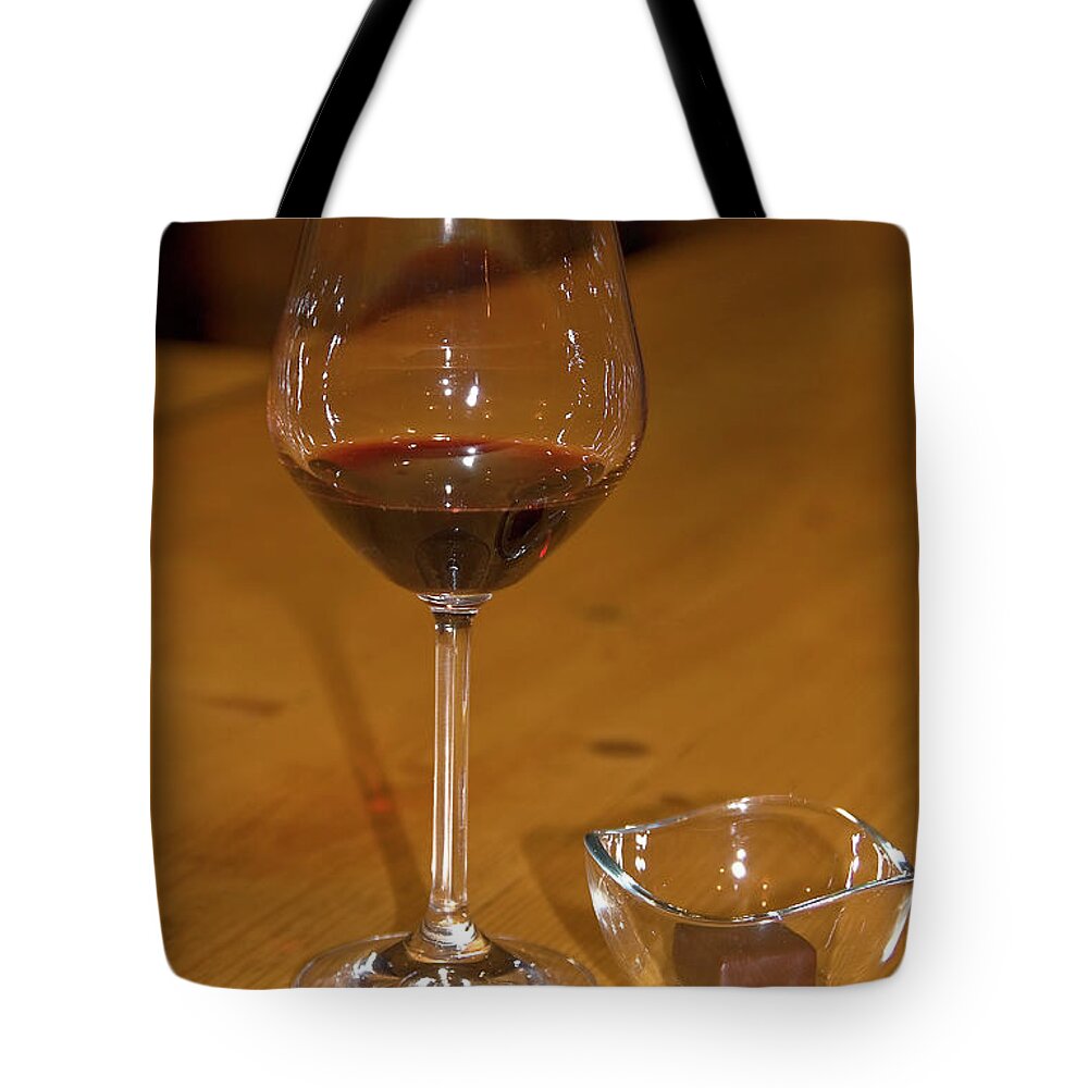 Wine In Glass Tote Bag featuring the photograph Wine and Chocolate by Sally Weigand