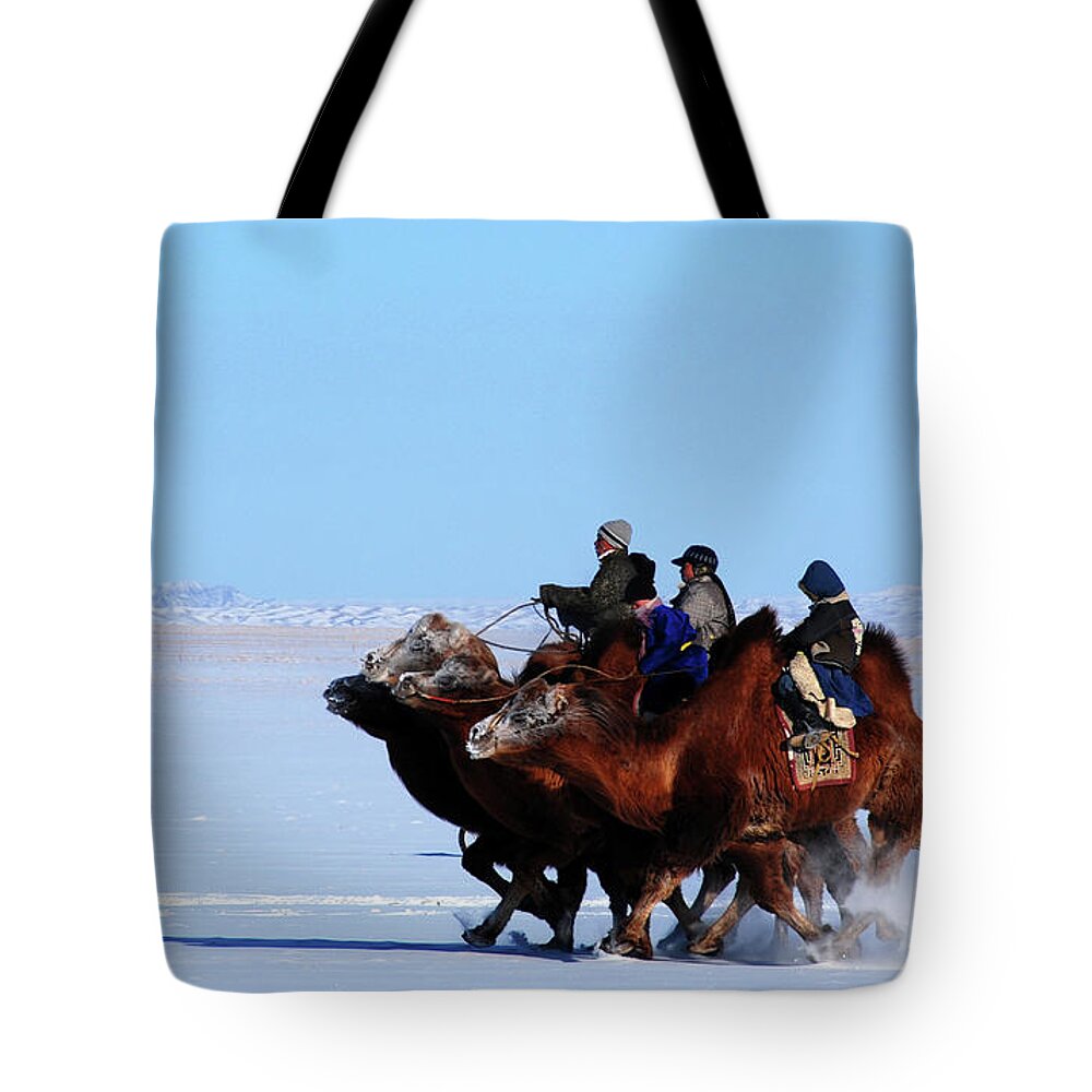Winter Camel Racing Tote Bag featuring the photograph Winter Camel racing #1 by Elbegzaya Lkhagvasuren