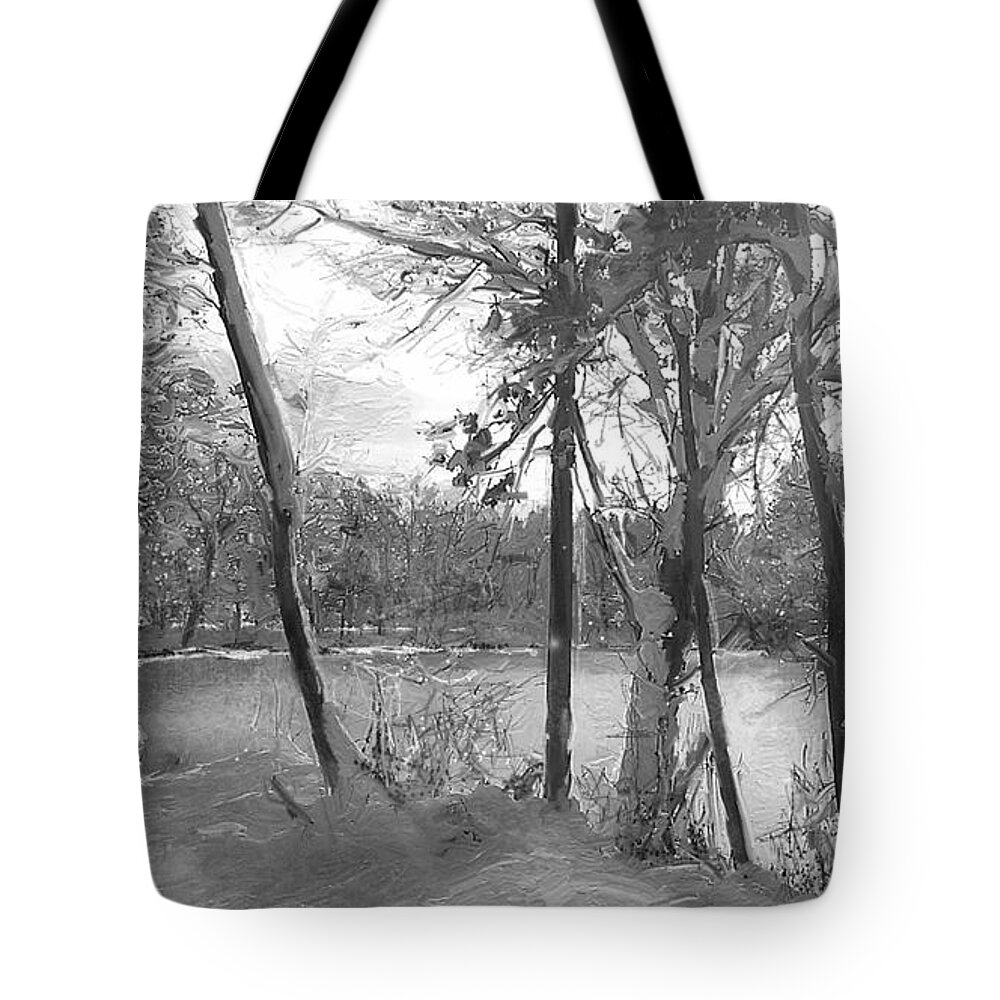 Winter Tote Bag featuring the painting Winter Dream - BW by Angie Braun