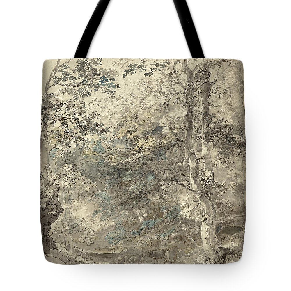 Johann Georg Von Dillis Tote Bag featuring the drawing Wooded Landscape with Cows #1 by Johann Georg von Dillis