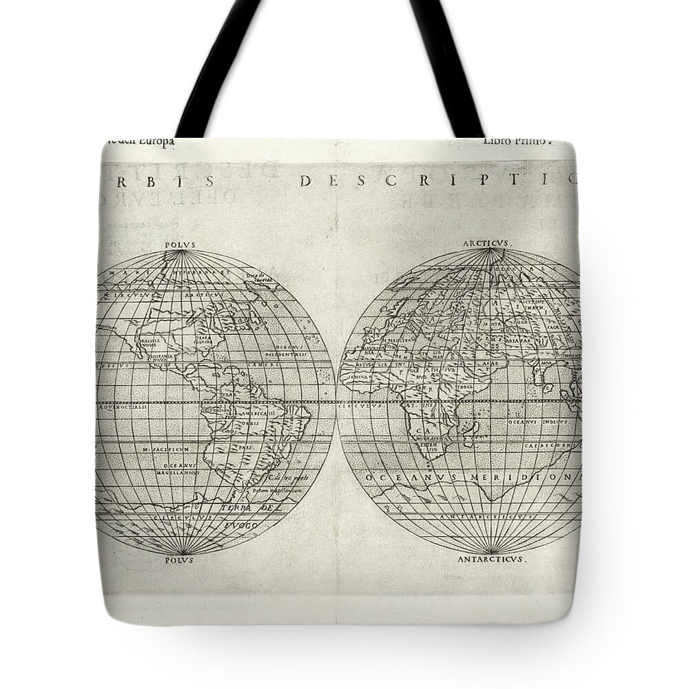 Map Tote Bag featuring the painting WORLD MAPS BUNTING Die Eigentliche und Warhafftige Gestalt der Erden und des Meers. Cosmographia Un #1 by MotionAge Designs