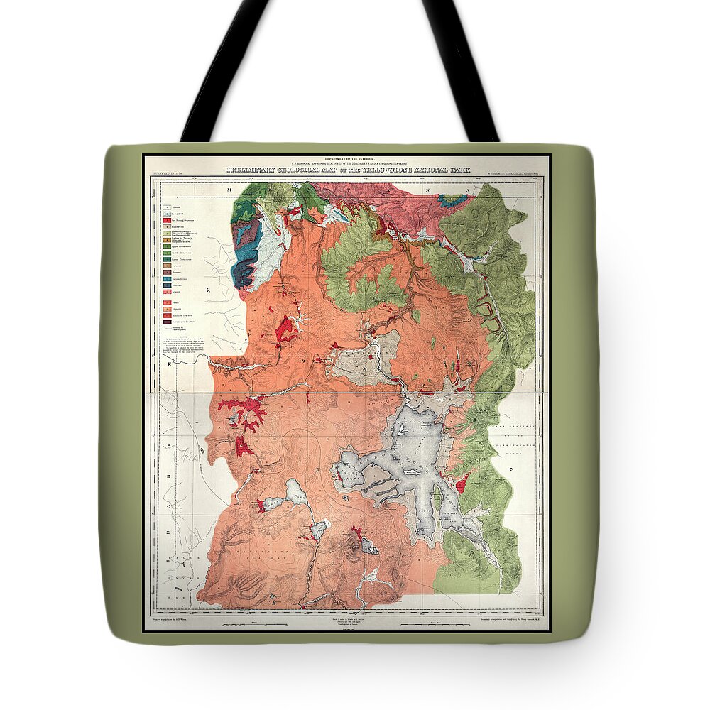 Yellowstone Tote Bag featuring the photograph Yellowstone National Park Vintage Preliminary Geological Map 1878 #2 by Carol Japp