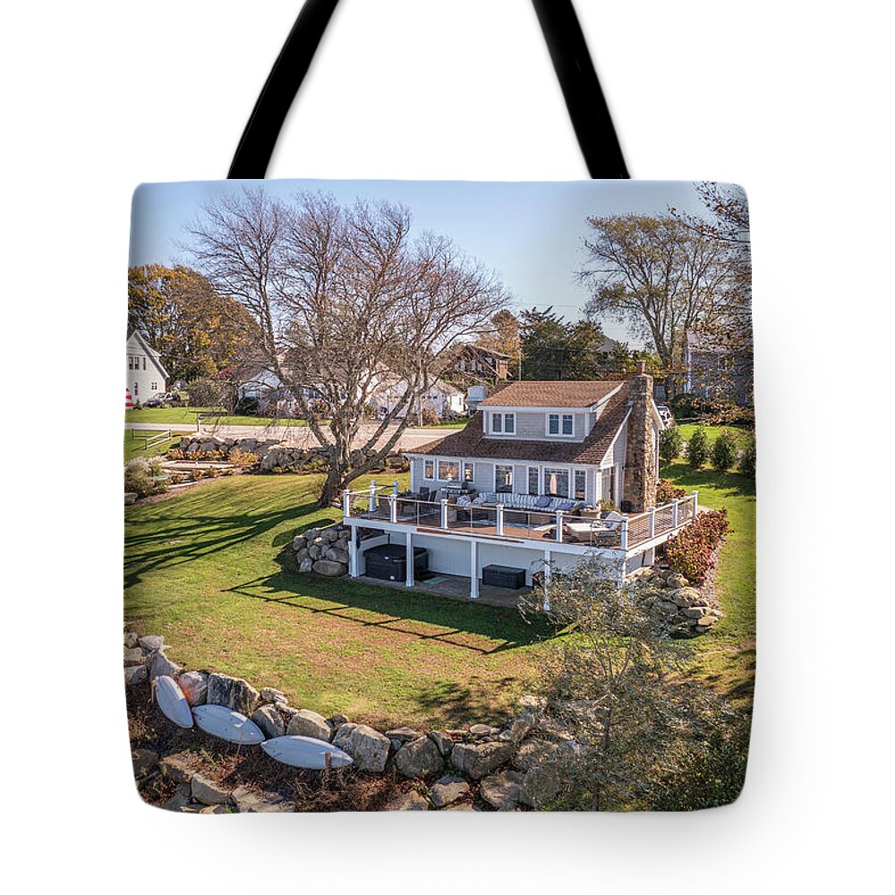 Narragansett Tote Bag featuring the photograph 10 Sea Crest Drive Yard View by Veterans Aerial Media LLC