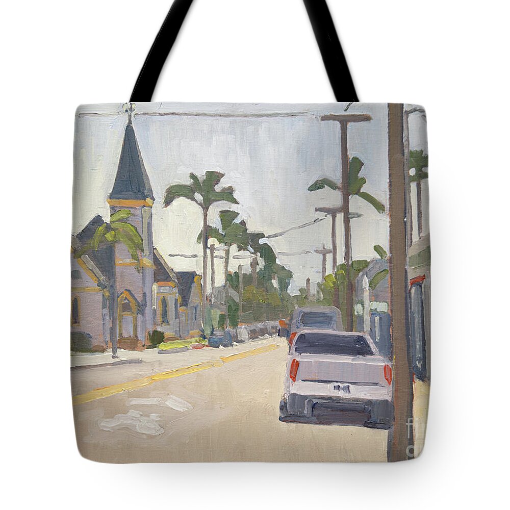 Graham Memorial Presbyterian Church Tote Bag featuring the painting 10th and C, Coronado, California by Paul Strahm