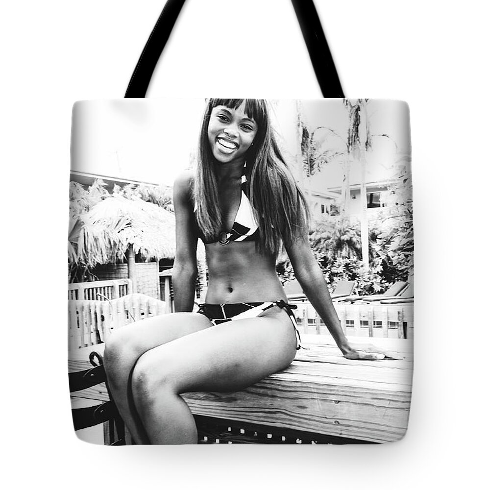 Girls Fun Fashion Photoraphy Art Tote Bag featuring the photograph 1147 Dominique Weekend Girls Party Cranes Beach House Delray by Amyn Nasser