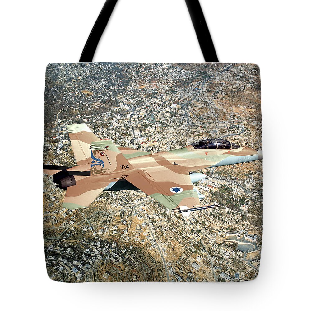 Super Hornet Tote Bag featuring the digital art 12. F/A-18FI Israeli Super Hornet by Custom Aviation Art