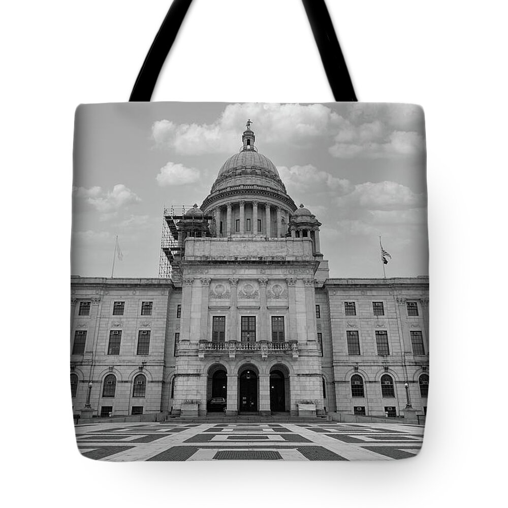 Democrats Tote Bag featuring the photograph Rhode Island state capitol building in black and white by Eldon McGraw