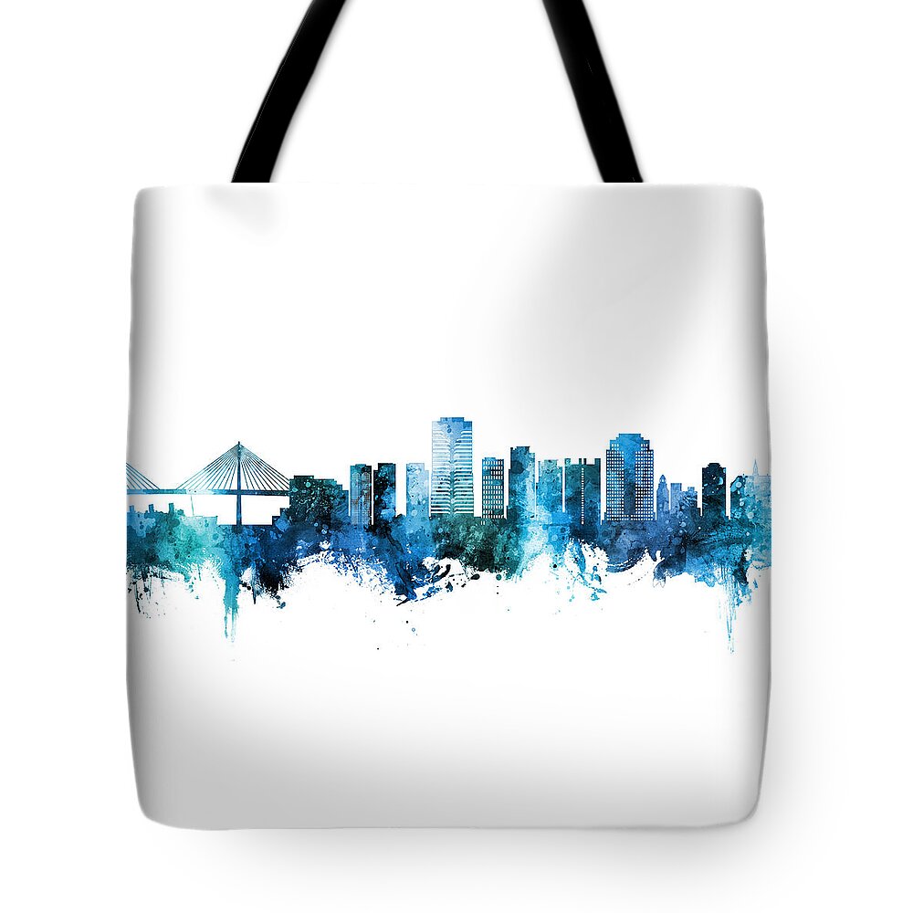 Long Beach Tote Bag featuring the digital art Long Beach California Skyline #13 by Michael Tompsett
