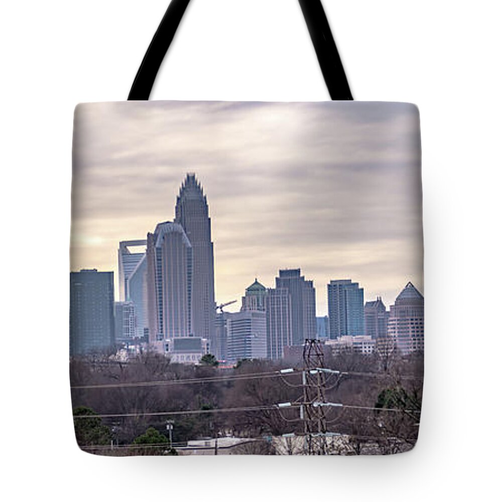Infrastructure Tote Bag featuring the photograph Sunset And Overcast Over Charlotte Nc Cityscape #14 by Alex Grichenko