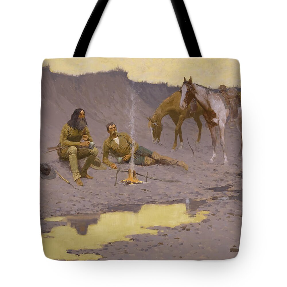 Frederic Remington Tote Bag featuring the painting A New Year on the Cimarron by Frederic Remington by Mango Art