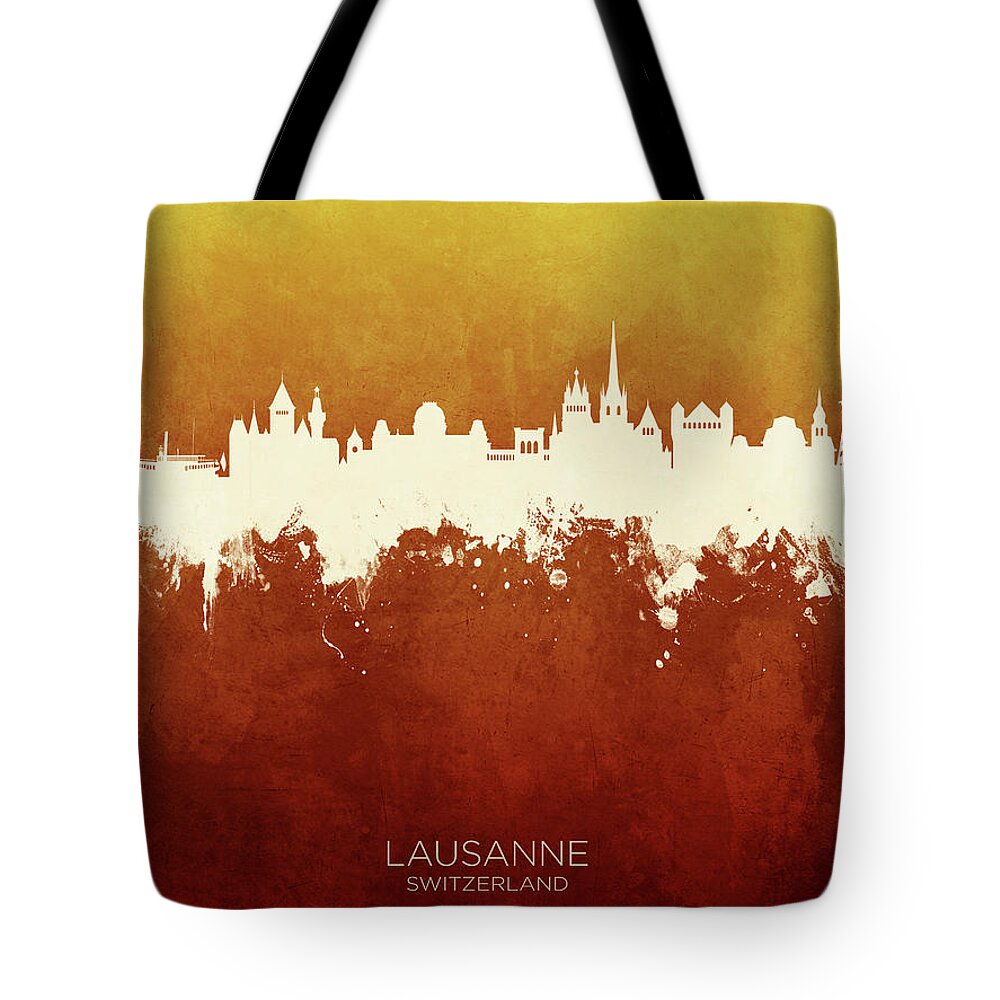 Lausanne Tote Bag featuring the digital art Lausanne Switzerland Skyline #15 by Michael Tompsett