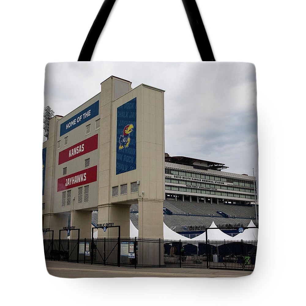 Kansas Jayhawks Tote Bag featuring the photograph Home of the Kansas Jayhawks sign at University of Kansas by Eldon McGraw