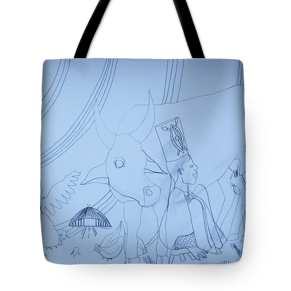 Jesus Tote Bag featuring the drawing Kintu and Nambi First Encounters #18 by Gloria Ssali