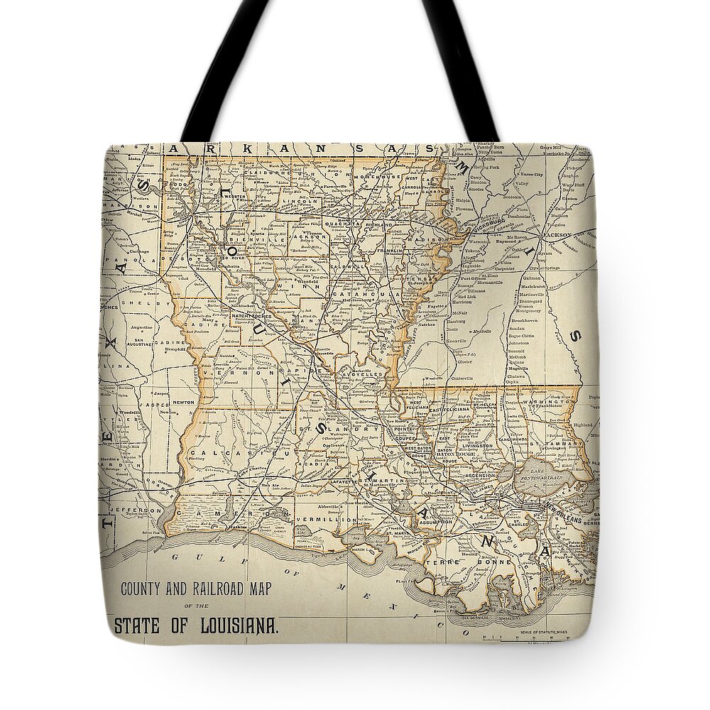 1870s Historical County and Railroad Map of Louisiana in Color Tote Bag by  Toby McGuire - Pixels