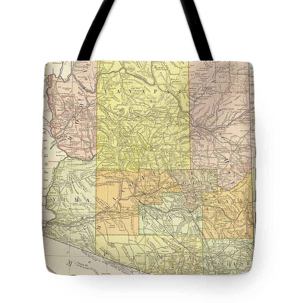 Arizona Tote Bag featuring the photograph 1884 Historical Map of Arizona, Arizona County Map in color by Toby McGuire