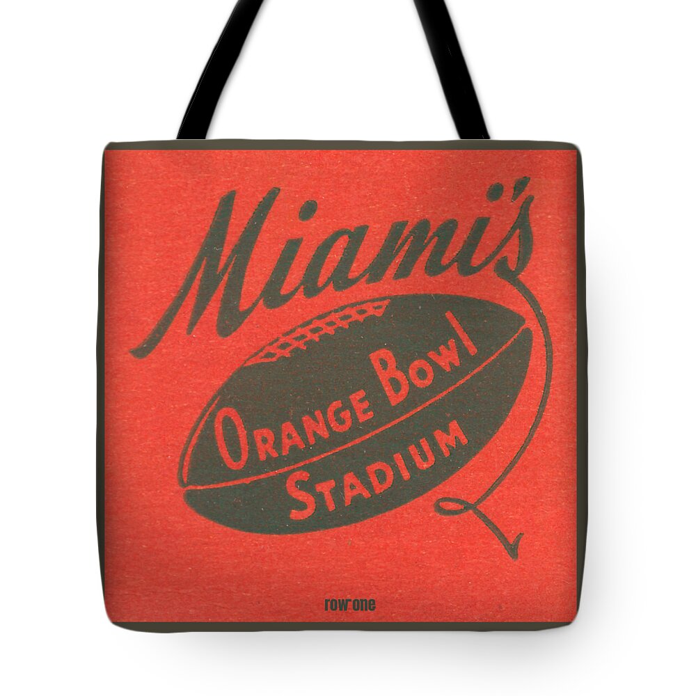 Miami Tote Bag featuring the mixed media 1950 Miami Orange Bowl Stadium by Row One Brand
