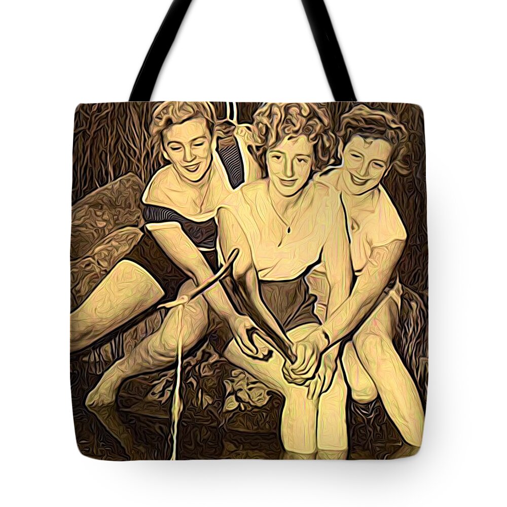 Modern Picture Painting Tote Bag featuring the mixed media 1950s Threes Sisters Fishing For...1of2 by Joan Stratton