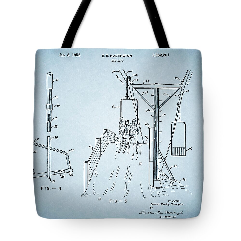 Ski Lift Tote Bag featuring the drawing 1952 Ski Lift Patent by Dan Sproul