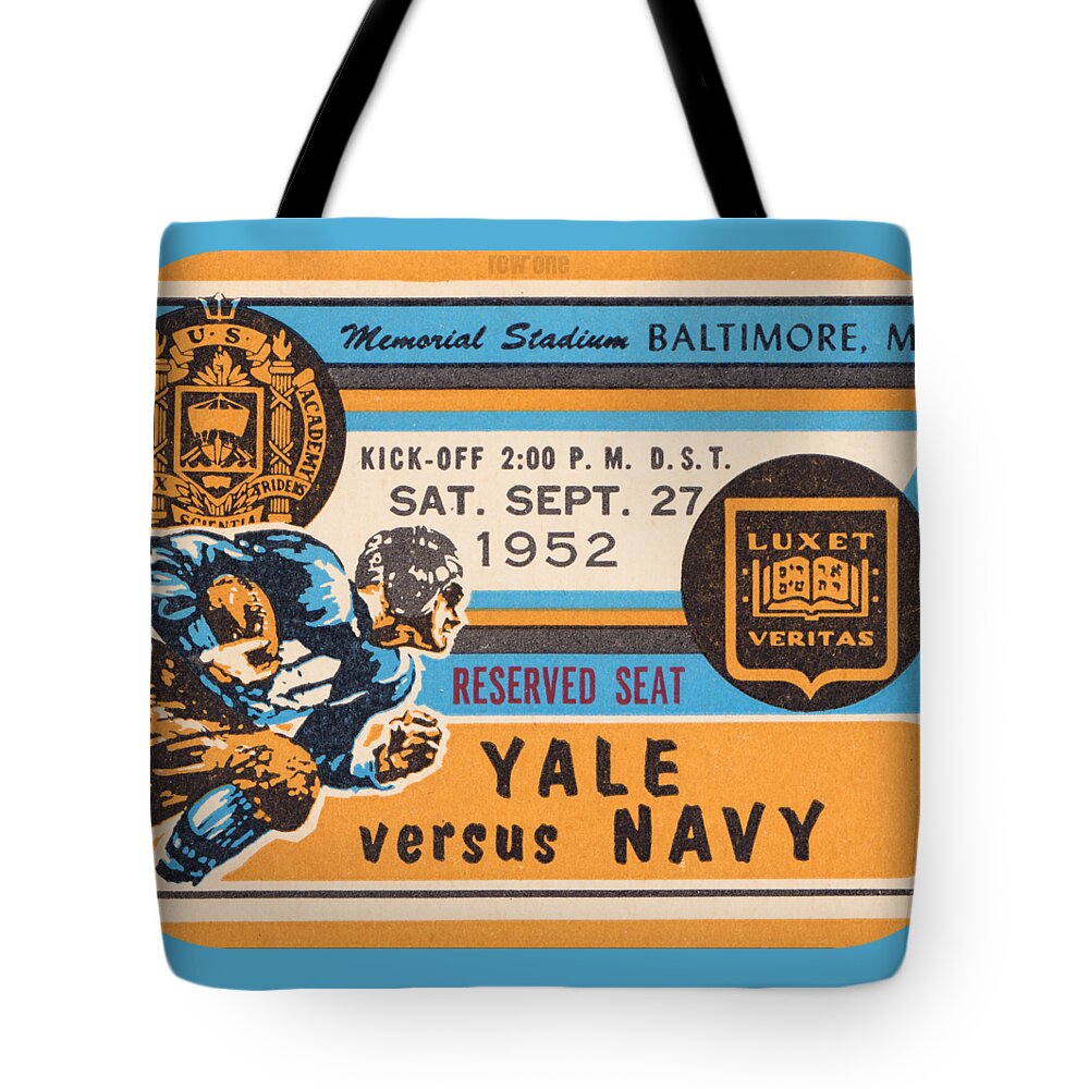 Yale Tote Bag featuring the mixed media 1952 Yale vs. Navy by Row One Brand