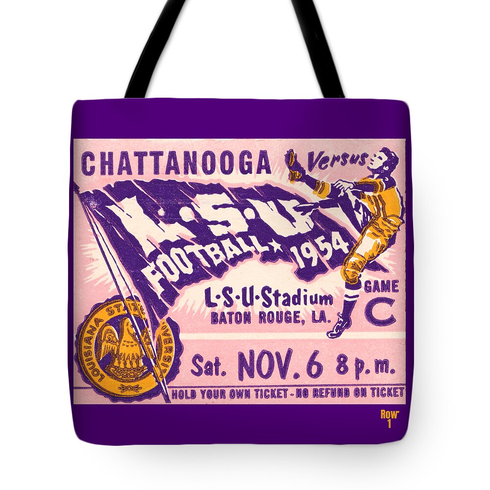 Louisiana Tote Bag featuring the mixed media 1954 LSU Football Ticket Art by Row One Brand