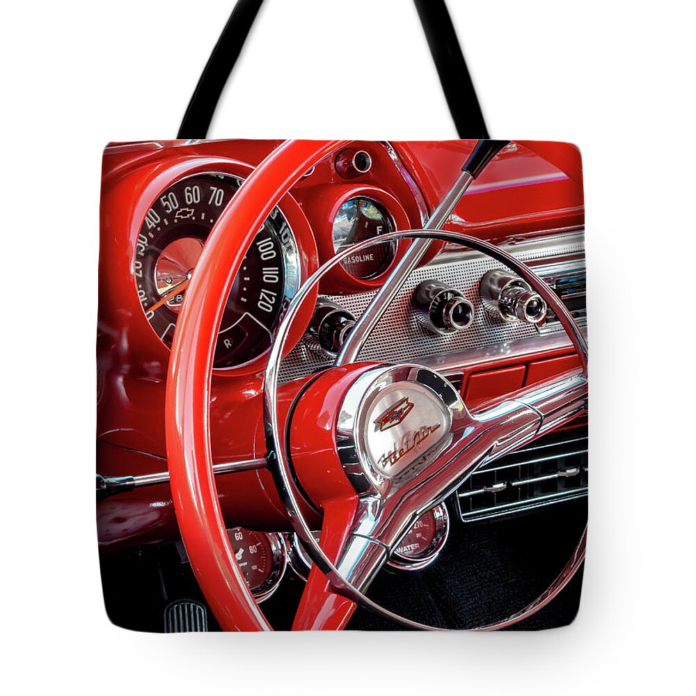 57 Chevy Tote Bag featuring the photograph 1957 Chevy Belair dash board detail by Gary Warnimont