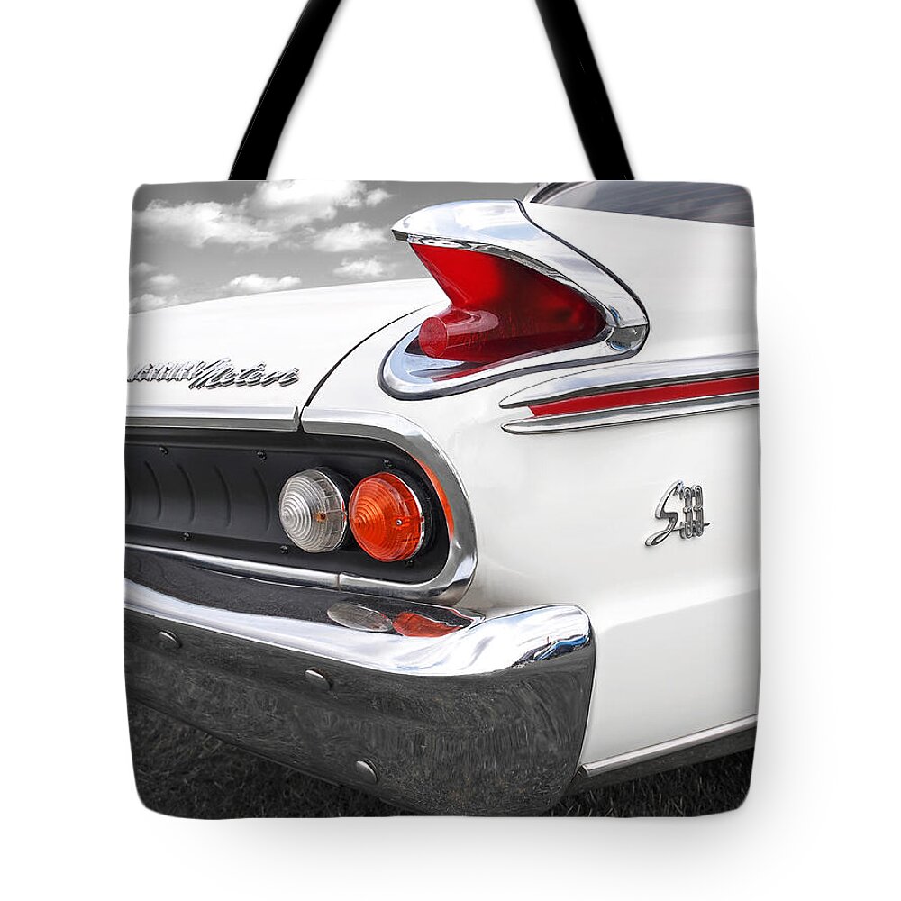 Ford Mercury Tote Bag featuring the photograph 1963 Mercury Meteor S33 Tail Lights And Emblem by Gill Billington