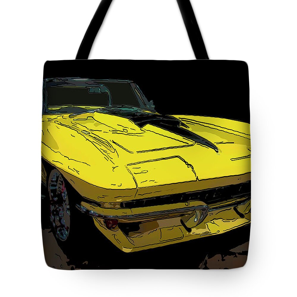 1967 Chevy Corvette Convertible Yellow Tote Bag featuring the drawing 1967 Chevy Corvette convertible yellow digital drawing by Flees Photos