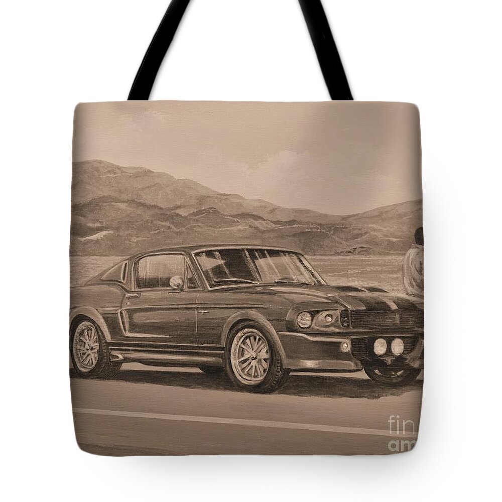 Classic Cars Painting Tote Bag featuring the painting 1967 Ford Mustang Fastback In Sepia by Sinisa Saratlic