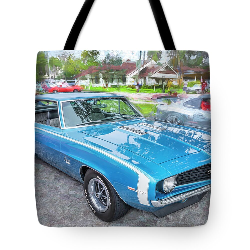 1969 Blue Chevyrolet Camaro Ss 427 Tote Bag featuring the photograph 1969 Blue Chevrolet Camaro SS 427 x268 by Rich Franco