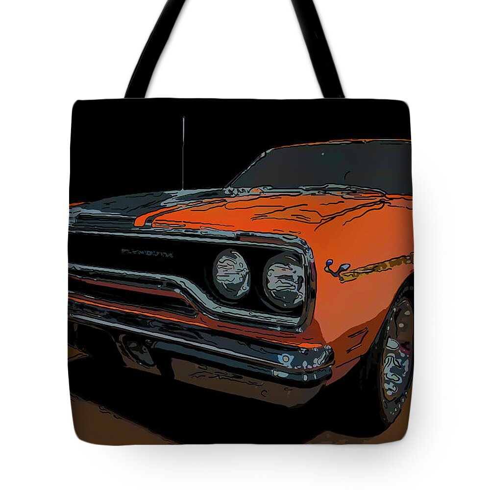1970 Plymouth Roadrunner 440 Six Pack Tote Bag featuring the drawing 1970 Plymouth Roadrunner 440 six pack digital drawing by Flees Photos