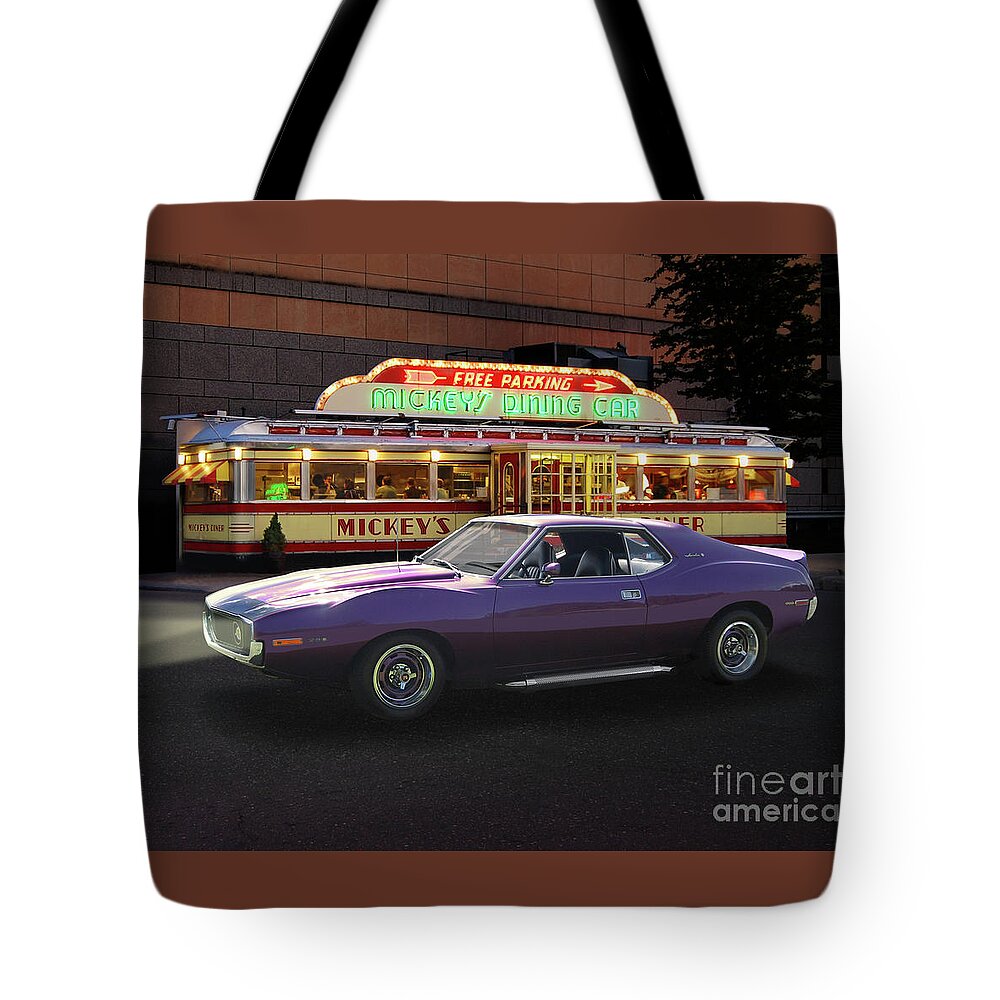 1971 Tote Bag featuring the photograph 1971 AMC Javelin At Mickey's Diner by Ron Long