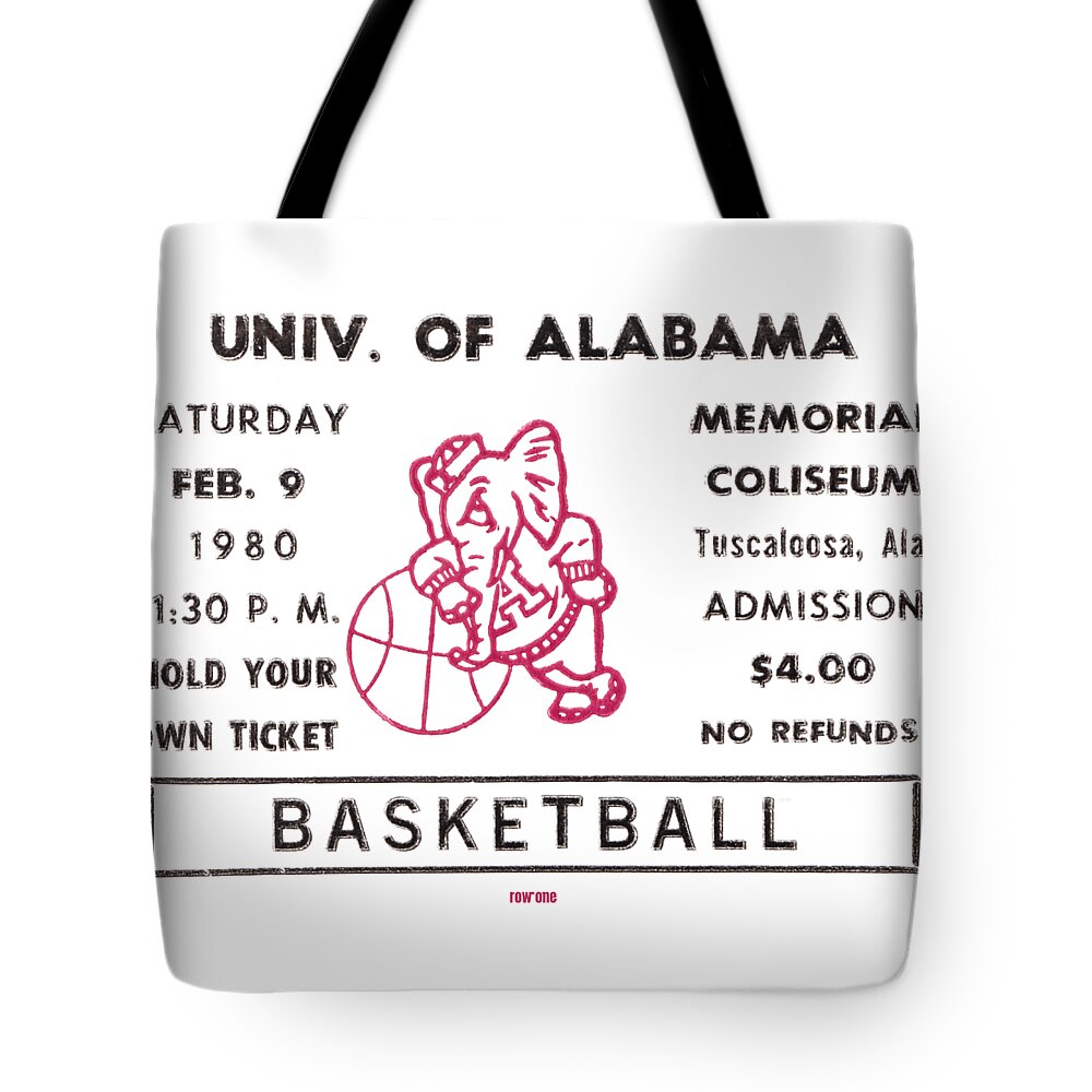 Alabama Tote Bag featuring the mixed media 1980 Alabama Basketball Ticket Stub Art by Row One Brand