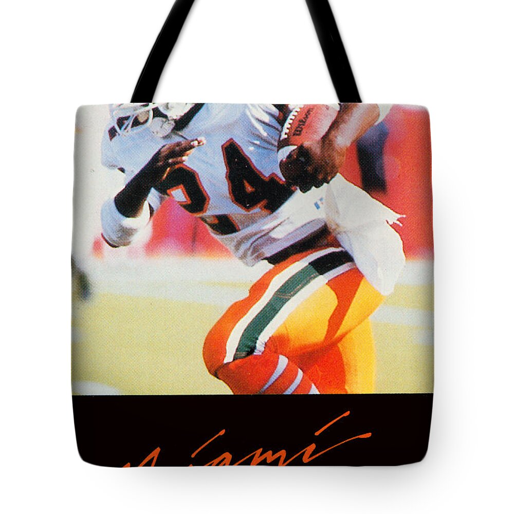 Miami Hurricanes Football Tote Bag featuring the mixed media 1987 Miami Hurricane Football by Row One Brand