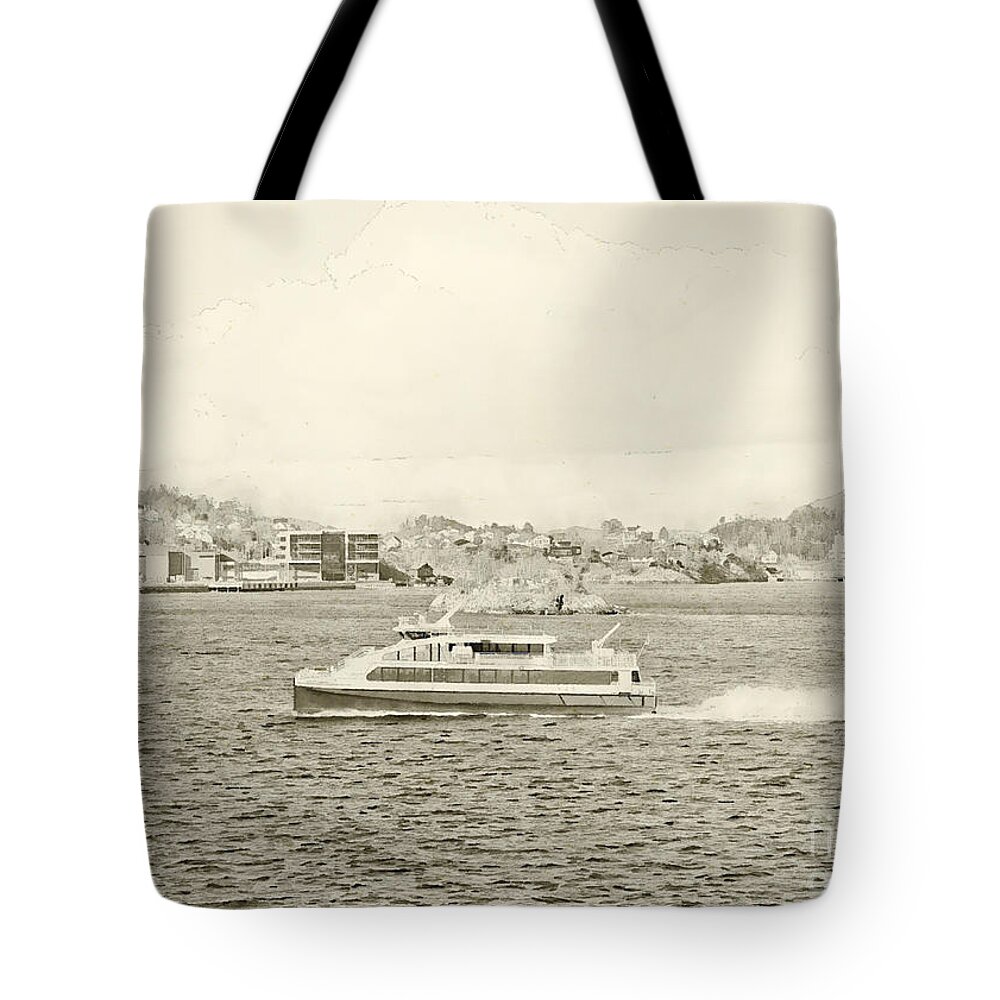 Bergen Tote Bag featuring the digital art A Passenger Ferry Crossing Bergen Fjord. #2 by Jules Walters