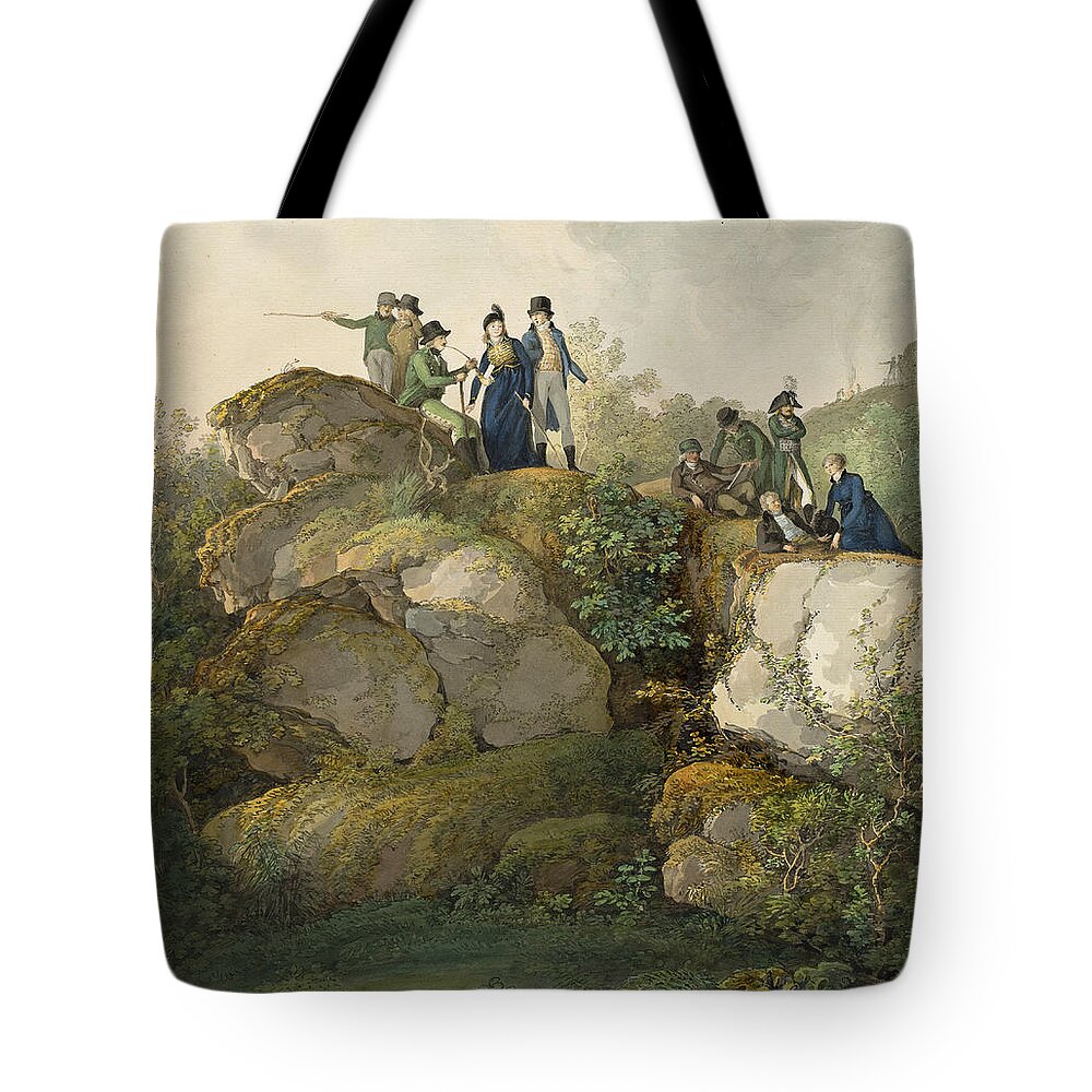 Johann Georg Von Dillis Tote Bag featuring the drawing A Royal Party Admiring the Sunset atop the Hesselberg Mountain #3 by Johann Georg von Dillis