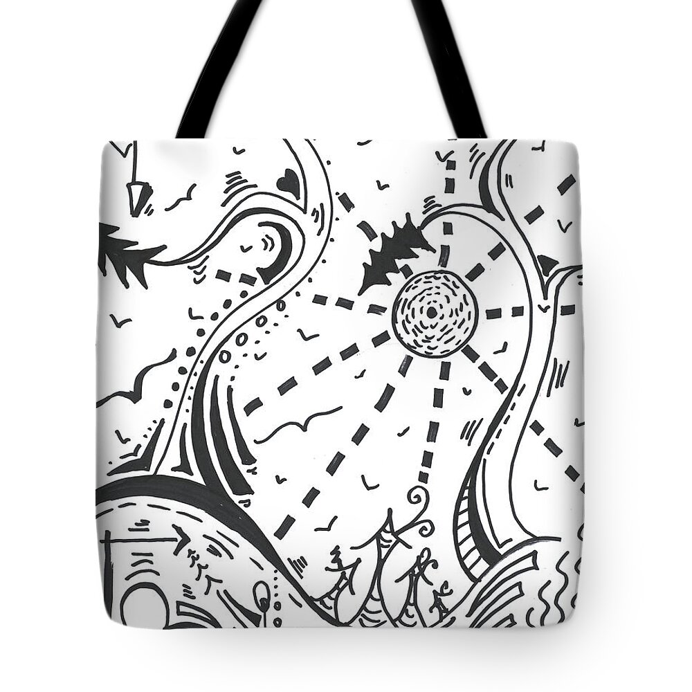 Black And White Tote Bag featuring the drawing Abstract Black and White MAD Doodle Sharpie Graffiti Drawing Original Sketch Art Megan Duncanson #2 by Megan Aroon