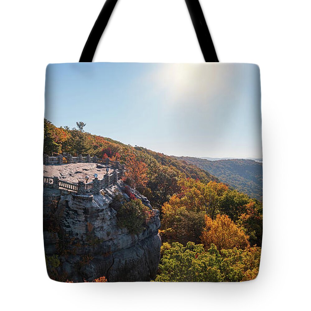 Aerial Tote Bag featuring the photograph Coopers Rock panorama in West Virginia with fall colors #2 by Steven Heap